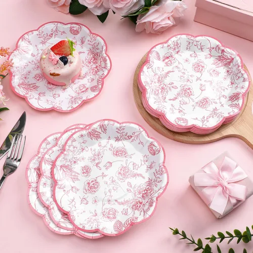 Miniatura 12 de 100 platos de papel florales azules, desechables, para bebé, despedida de soltera, suministros de fiesta, platos de postre florales, bandeja