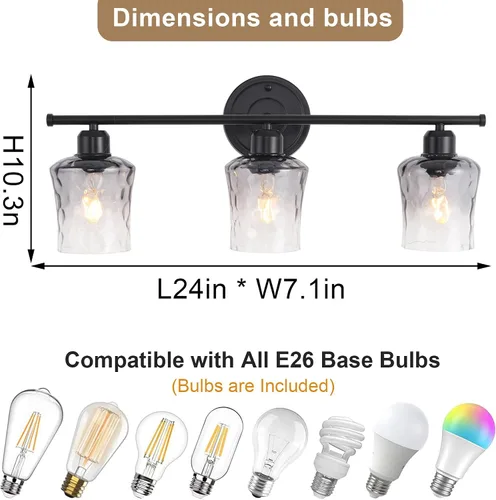 Miniatura 4 de Lámpara de baño de 3 luces, lámpara de tocador negra mate con pantalla de vidrio gris, moderna lámpara de pared de baño E26 para sobre espejo