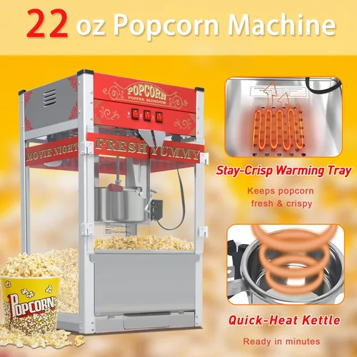 Miniatura 3 de Máquina comercial de palomitas de maíz con carrito y ruedas, máquina para hacer palomitas de maíz con hervidor de acero inoxidable de 22 onzas, Rojo