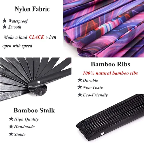 Miniatura 3 de Ventilador de mano plegable grande para mujeres/hombres, chino/japonés con bambú y tela de nailon, para actuaciones, decoraciones, bailes, fiestas