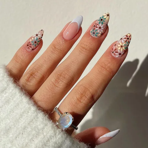 Uñas postizas ovaladas a presión con puntas francesas, juego de uñas postizas cortas de flores artificiales, uñas postizas acrílicas con diseños