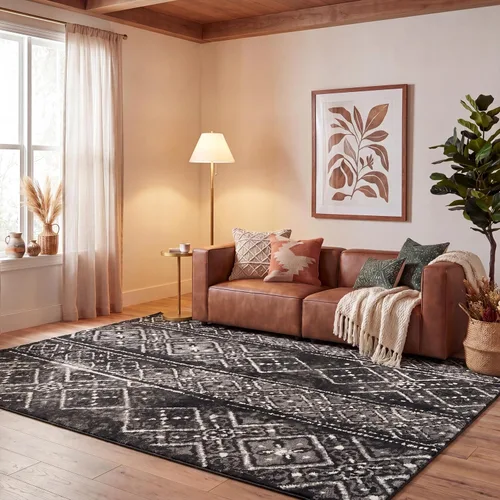 SAFAVIEH Alfombra de área 8x10 - Colección Adirondack - Grande - Negro y plateado, diseño marroquí bohemio, no suelta pelusa y fácil de limpiar,