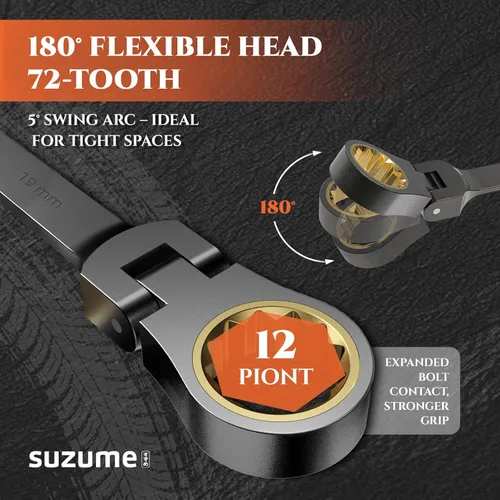 Miniatura 3 de SUZUME Juego de llaves de trinquete métricas y SAE de cabeza flexible de 24 piezas, 72 dientes Cr-V, juego de llaves de trinquete de acero Cr-V