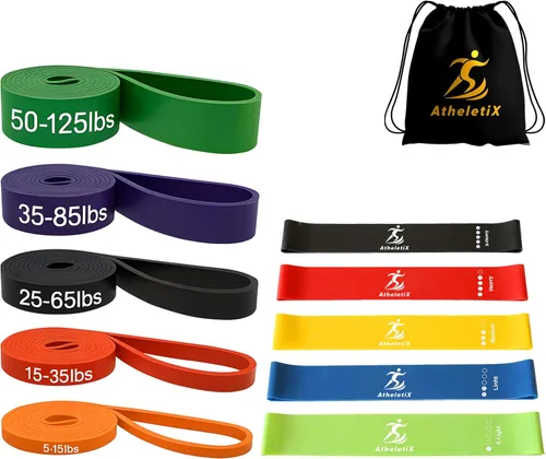 Athletix - Juego de 10 bandas de resistencia | Niveles pesados a ligeros para fuerza, glúteos, piernas, pilates, yoga, estiramientos, bandas de