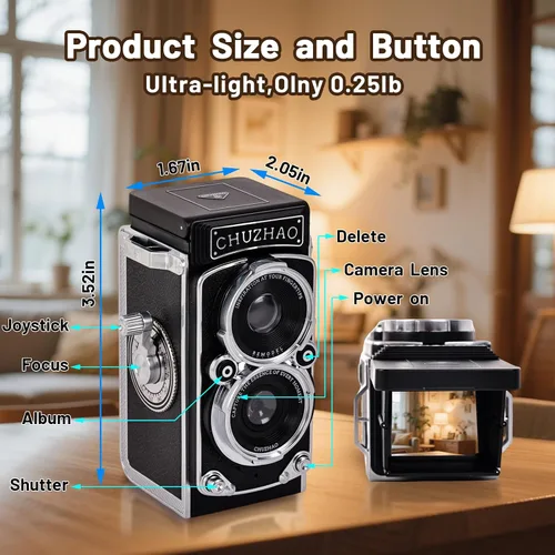 Miniatura 7 de Redcomets Mini cámara digital retro – Estilo vintage TLR apuntar y disparar cámara de vlogging de enfoque automático, compacta y portátil, tarjeta