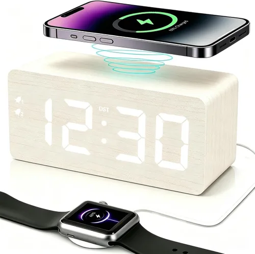 Miniatura 12 de URAYCO Reloj despertador digital de madera con cargador inalámbrico rápido de 10W, puertos de carga USB, DST, atenuable, modo repetición, pantalla