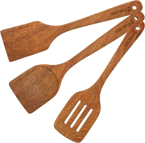 Juego de 3 espátulas de madera natural, cuchara de cocina de madera maciza, antiadherente, utensilios de cocina ranurados, cucharas de madera para