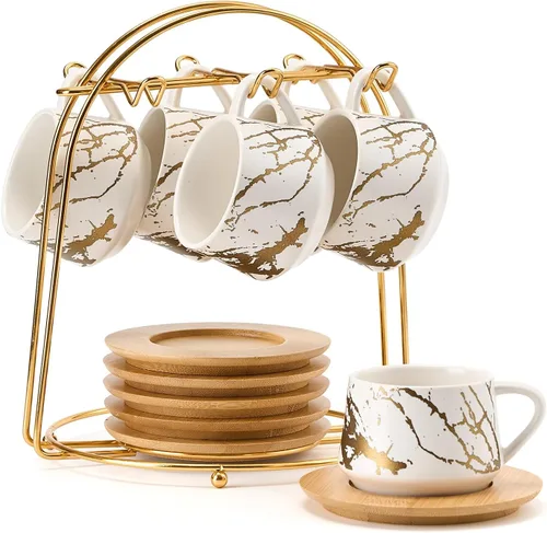 Miniatura 16 de LUKA - Juego de tazas de café de cerámica con platillos y soporte de metal, tazas de capuchino apilables de 8 oz de porcelana para té, espresso