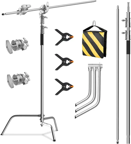 Soporte C con brazo de pluma, kit de soporte de luz para fotografía - Soporte en C resistente con poste de acero inoxidable de 6.8 pies/210cm, brazo