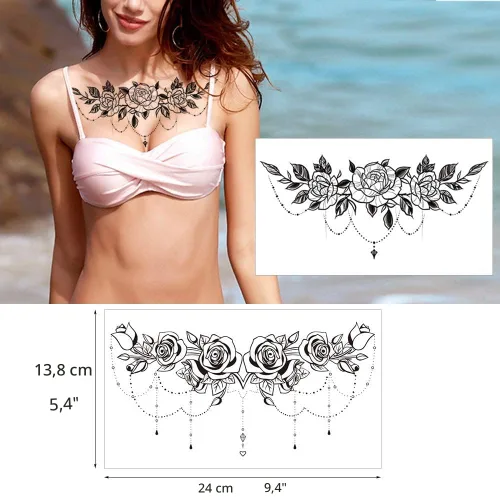 Miniatura 5 de Glaryyears Tatuajes temporales para el pecho y debajo del seno para mujeres adultas, paquete de 6, tatuajes falsos negros realistas grandes de larga