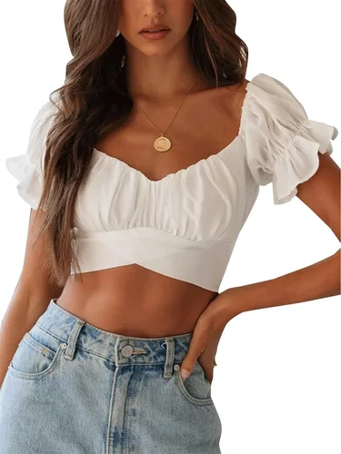 LYANER - Blusa ombliguera para mujer de manga corta con volantes nudo en la espalda y hombros descubiertos blusa estilo Bardot