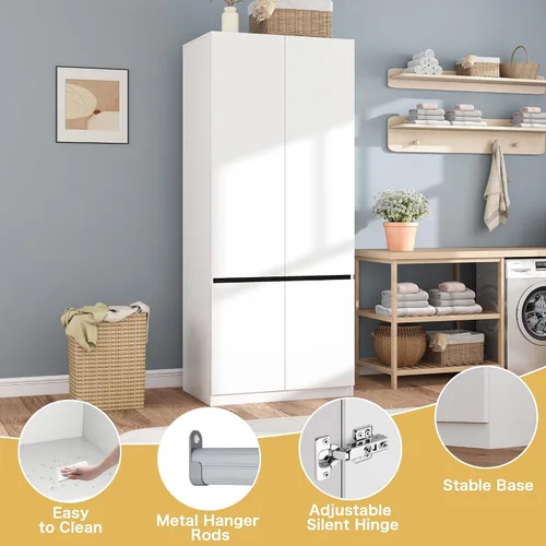 Miniatura 4 de Armario blanco Armario: Armario de madera de 74 pulgadas con 2 puertas, Armarios de dormitorio con barra para colgar, armario alto para colgar ropa