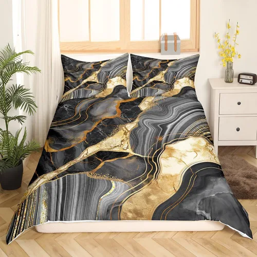 Funda de edredón de mármol negro tamaño individual, juego de ropa de cama dorada para adultos, hombres y mujeres, funda de edredón de textura