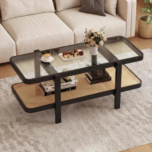 Miniatura 10 de Giantex Mesa de centro de ratán, mesa de té de madera ovalada de 2 niveles con mesa de vidrio templado y estante de almacenamiento de ratán de Negro