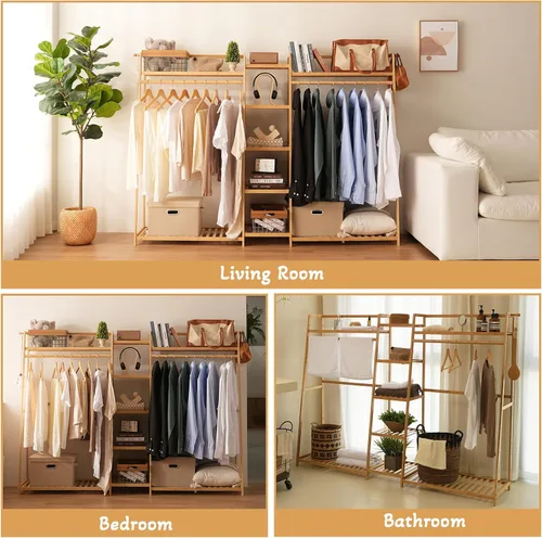 Miniatura 8 de Baveke Estante de bambú para ropa de 9 niveles, estante para colgar ropa, organizador de armario portátil con estante superior, estantes de Natural