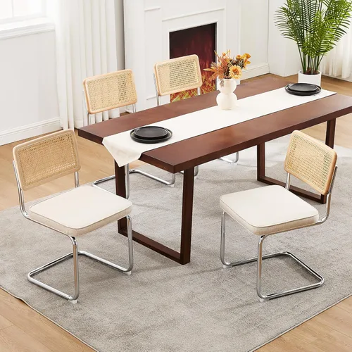 Miniatura 8 de Zesthouse Juego de 4 sillas de comedor de ratán natural, sillas de comedor modernas de mediados de siglo con respaldo de madera maciza y base