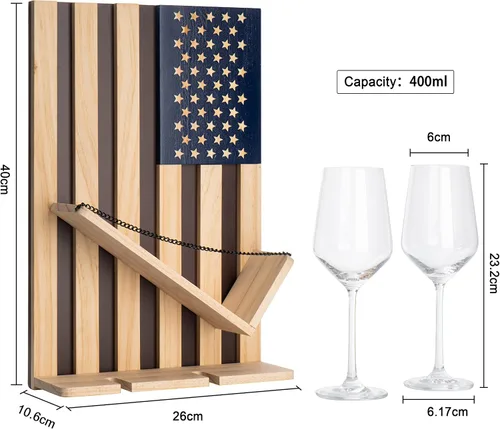 Miniatura 6 de The Wine Savant Estante para vinos montado en la pared con la bandera estadounidense, hermoso soporte para botellas y vino y 2 vasos patrióticos