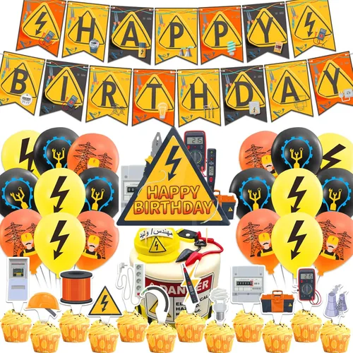 Decoraciones de fiesta de electricista, electricista, liniero, decoraciones temáticas incluye pancarta de feliz cumpleaños, decoración de tartas,