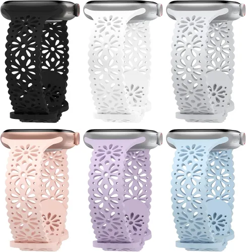 Miniatura 8 de Paquete de 6 correas de silicona delgadas y huecas de encaje compatibles con Apple Watch de 1.496 pulgadas, 1.575 pulgadas, 1.614 pulgadas, 1.654