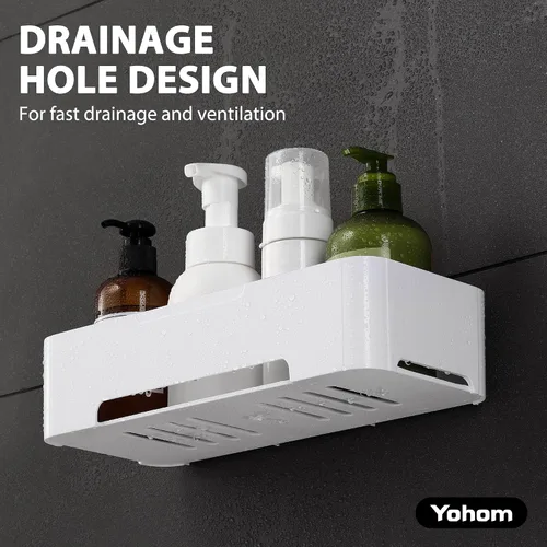 Miniatura 6 de YOHOM Estante adhesivo de ducha para pared de baño, soporte de champú de plástico para almacenamiento de ducha, cesta blanca