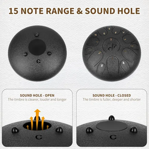 Miniatura 6 de Tambor de Lengua de Acero - 12 Pulgadas 15 Notas, Tambores de Lengua de Acero para Niños y Adultos, Handpan de Acero con Mazos, Hang Drum con Libro