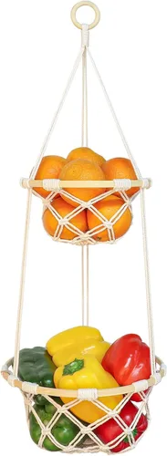 Miniatura 9 de Cesta de frutas colgante de macramé de un solo nivel, soporte bohemio para verduras para cocina, almacenamiento de alimentos con gancho, organizador