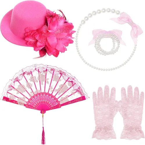 Miniatura 7 de obmwang 5 piezas de suministros de fiesta de té para niñas, guantes de fiesta de té, sombreros para niñas y niños, collar de fiesta de té para Rosa