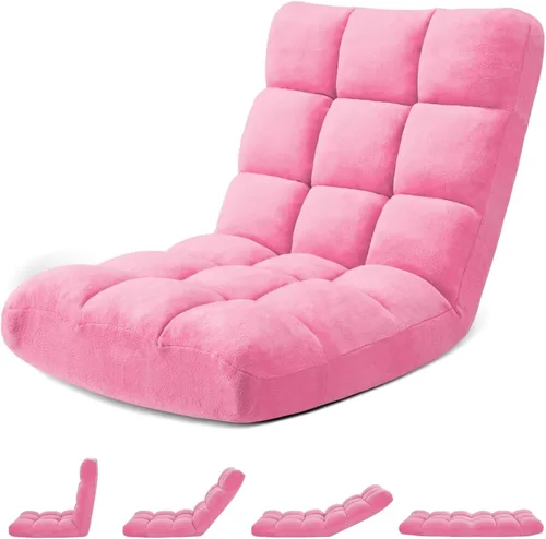 Miniatura 14 de Silla de suelo plegable Avocahom para juegos con 14 posiciones, silla de sofá perezoso ajustable con cojín, con algodón transpirable y coral de Gris