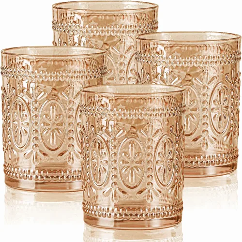 Miniatura 16 de abrwyy Juego de cristalería ámbar de 4 vasos vintage para beber, vasos de vidrio resistentes de 12 oz ámbar, vaso Old Fashioned, juego de vasos