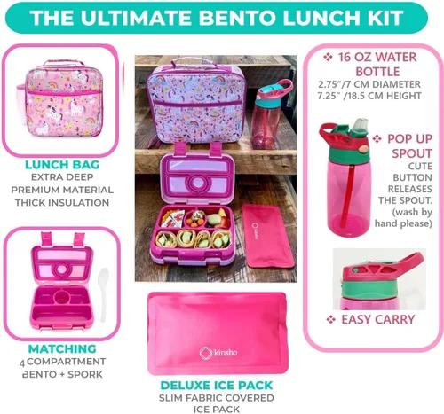 Miniatura 2 de Juego de lonchera bento, bolso de aislamiento, botella de agua y bolsa de hielo, 4 secciones de porciones, bandeja desmontable, para niños en edad