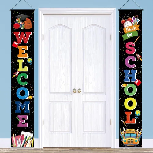 Cartel de bienvenida de regreso a la escuela para puerta, porche, primer día de escuela, pancartas de tela colgantes, banderas, letreros de