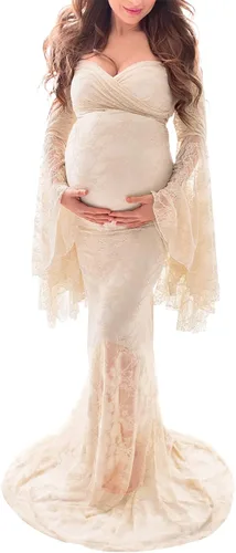 Saslax Vestido de maternidad de encaje con hombros descubiertos para fotografía, maxi accesorios de maternidad, vestidos para sesión de fotos, baby