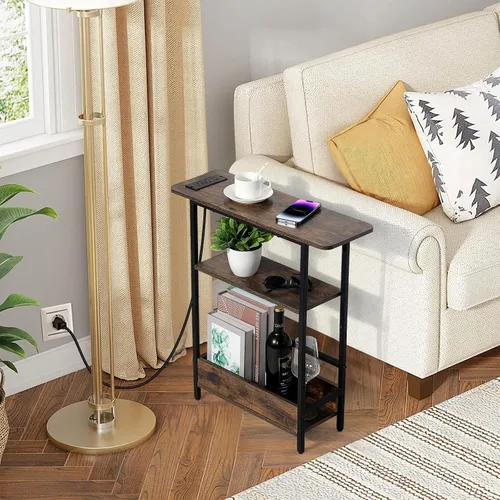 Miniatura 2 de Mesa auxiliar estrecha con estación de carga USB-C, mesa auxiliar delgada de 3 niveles con soporte para revistas, mesa auxiliar delgada moderna