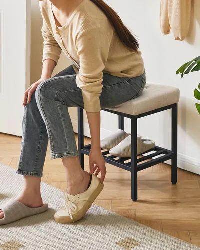 Miniatura 5 de IBUYKE Taburete de maquillaje rectangular con pies ajustables y espacio de almacenamiento, silla reposapiés, taburete de tocador de asiento de lino