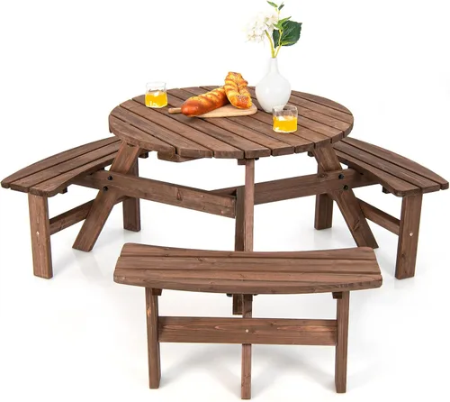 Tangkula Mesa de picnic de madera para 6 personas, mesa de picnic redonda al aire libre con 3 bancos integrados, agujero para paraguas, mesa