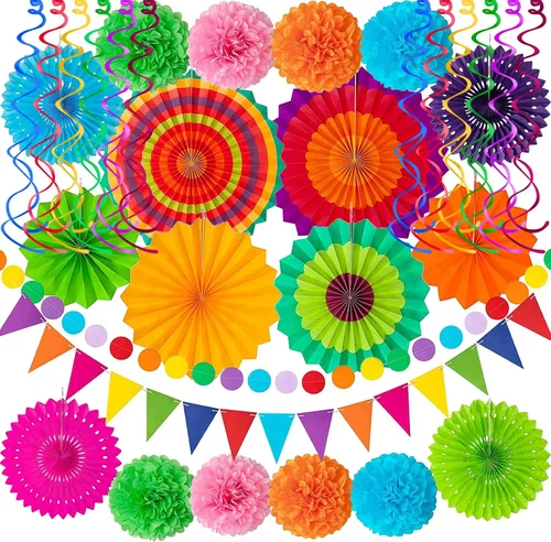 32 piezas de decoraciones de fiesta de Cinco de Mayo, decoraciones de fiesta multicolor, abanicos de papel, guirnaldas, banderines, pompones,