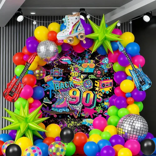 Miniatura 4 de Las decoraciones para fiestas de cumpleaños de los años 90 incluyen telón de fondo, centros de mesa de panal, pancarta, espirales colgantes, globos