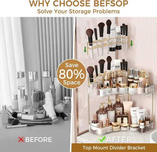 Miniatura 3 de BEFSOP Organizador de esquina para mostrador de baño, organizador de maquillaje mejorado de 2 niveles con soporte para brochas de maquillaje