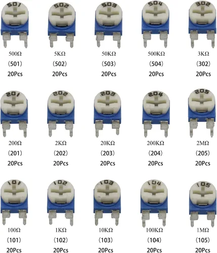 Miniatura 3 de 300 piezas de 15 valores 100 ohmios - 2M ohmios Trim potes Resistencia variable 0.236 in Potenciómetro Surtido Kit