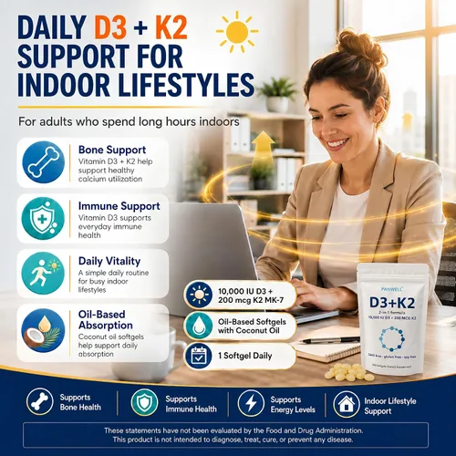 Miniatura 4 de PANWELL Vitamina D3 K2 10000 UI cápsulas blandas con MK-7 200 mcg, suplemento D3 K2 con aceite de coco, apoya la absorción de calcio, hueso, dientes