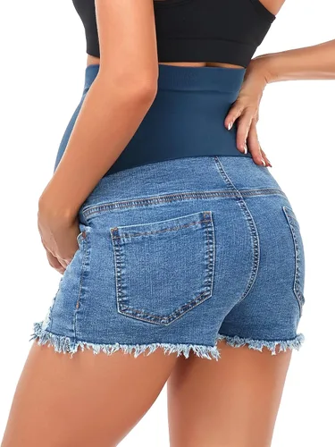 Miniatura 5 de HOFISH Pantalones cortos elásticos de maternidad para mujer, sobre el vientre, cómodos, pantalones cortos de mezclilla, pantalones cortos casuales