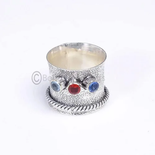 Miniatura 3 de Silver Spinner Ring, Handmade Blue Topaz Band, Blue Sapphire and Garnet Gemstone Ring, Bezel Setting Statement Fidget Jewelry