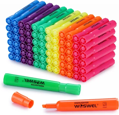 WOSWEL Resaltadores a granel, paquete de 72 resaltadores estilo tanque, varios colores fluorescentes, 6 colores brillantes, marcadores de punta de