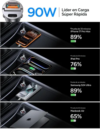Miniatura 7 de MRGLAS Cargador de Coche USB C de 90W Carga Rápida, [Diseño Invisible] Cargador de Coche Todo Metálico USB C PD45W+QC3.0 Adaptador de Coche Dual