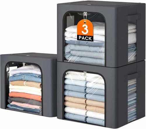 Paquete de 3 contenedores de almacenamiento de ropa con marco de metal, bolsas de almacenamiento de tela de 40 litros con ventana transparente,