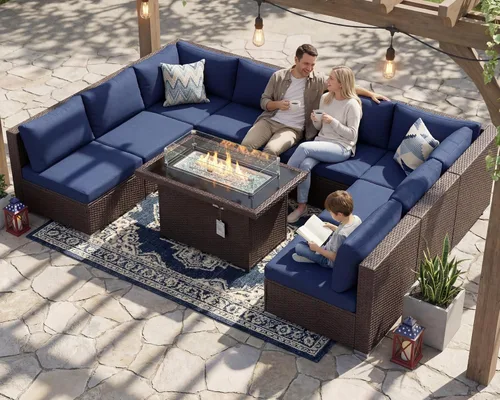 Miniatura 46 de BULEXYARD Juego de muebles de patio de respaldo alto de 7 piezas con mesa de fogata de combustible dual propano/gas natural, sofá seccional