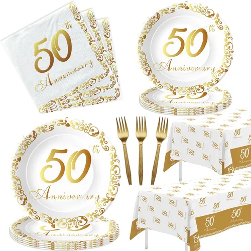 APOWBLS Decoraciones y suministros para el 50 aniversario – Decoración dorada del 50 aniversario de boda, suministros para fiesta, plato de papel,