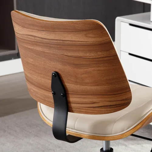 Miniatura 5 de Silla de escritorio de oficina en casa con ruedas, silla de oficina sin brazos de altura ajustable, piel sintética, respaldo medio, silla de Beige