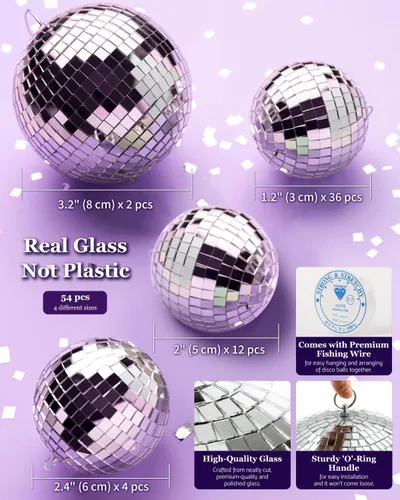 Miniatura 7 de Youdepot 54 mini bolas de discoteca plateadas, adornos de bola de disco colgantes para decoración de bolas de discoteca, mini bolas de discoteca