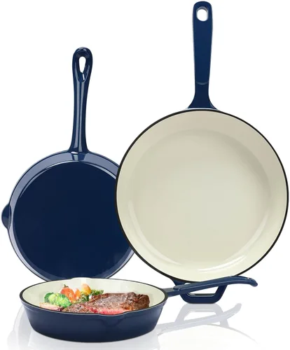 Miniatura 9 de Hisencn Sartén de Hierro Fundido Esmaltado - Juego de Sartenes con Recubrimiento Cerámico de 8''/9.5''/11'', Compatible con Azul cobalto